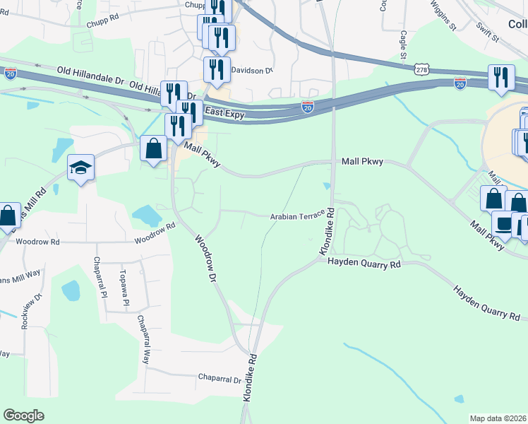 map of restaurants, bars, coffee shops, grocery stores, and more near 6782 Arabian Terrace in Stonecrest