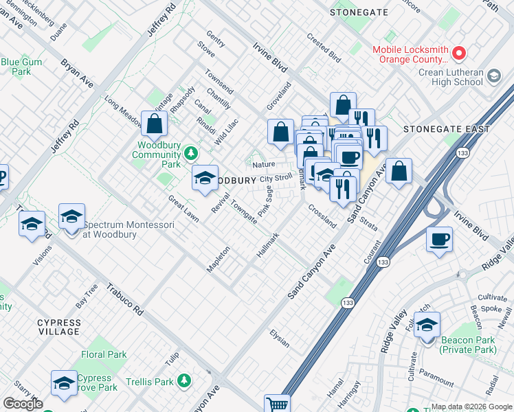 map of restaurants, bars, coffee shops, grocery stores, and more near 46 Talisman in Irvine