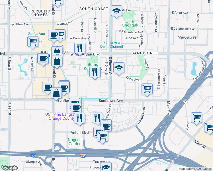 map of restaurants, bars, coffee shops, grocery stores, and more near 3820 South Flower Street in Santa Ana