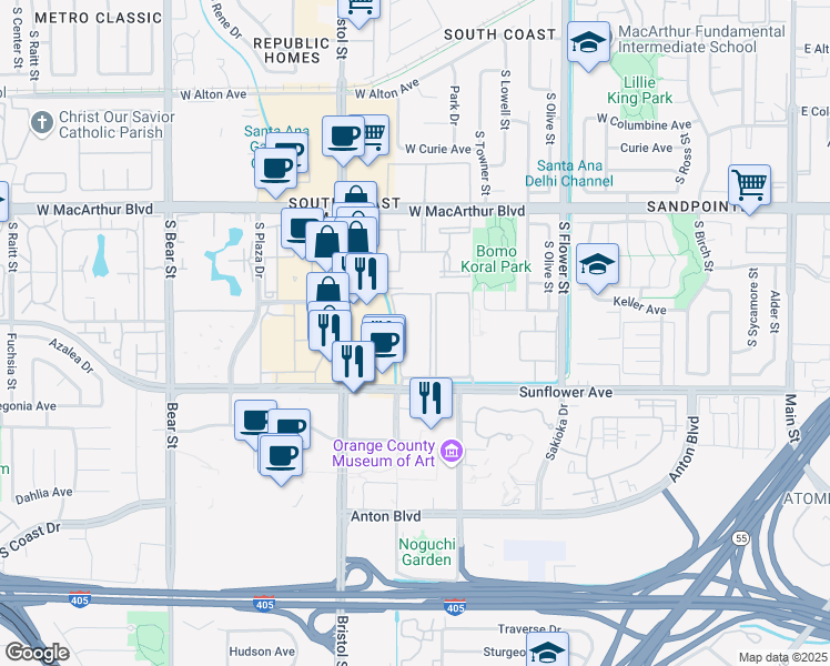 map of restaurants, bars, coffee shops, grocery stores, and more near 1001 West Stevens Avenue in Santa Ana