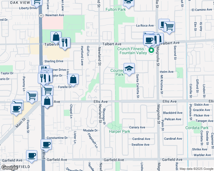 map of restaurants, bars, coffee shops, grocery stores, and more near 8528 Trinity River Circle in Fountain Valley