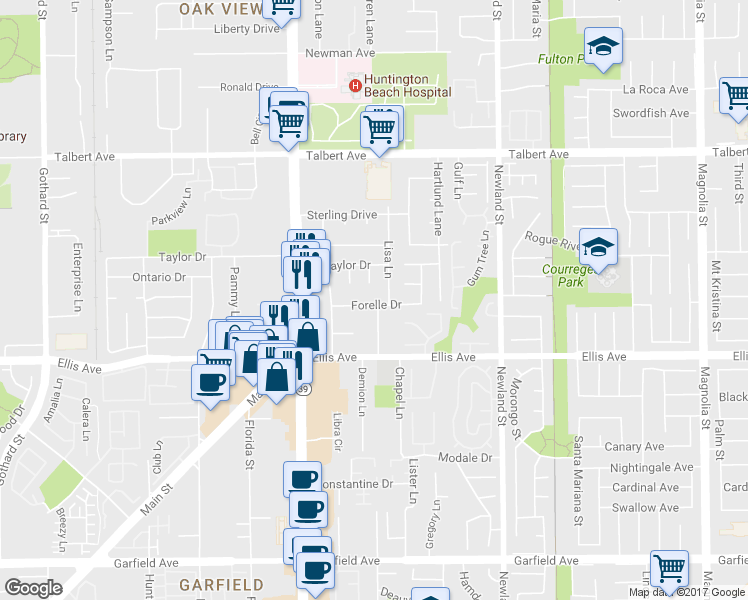 map of restaurants, bars, coffee shops, grocery stores, and more near 18351 Lisa Lane in Huntington Beach