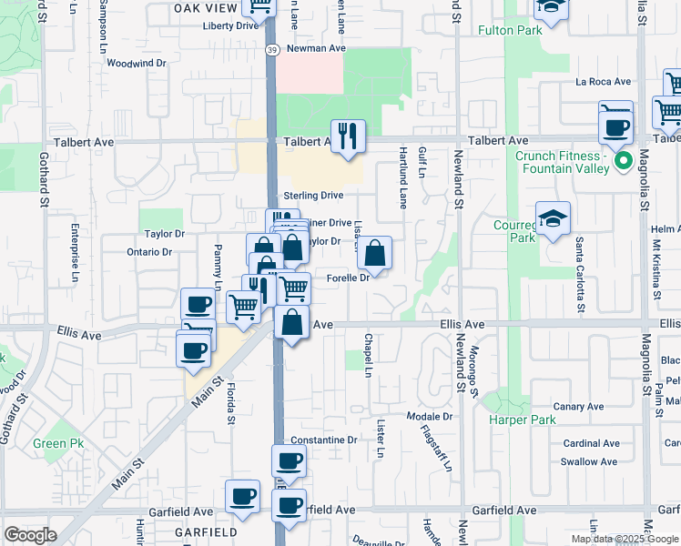 map of restaurants, bars, coffee shops, grocery stores, and more near 18351 Lisa Lane in Huntington Beach