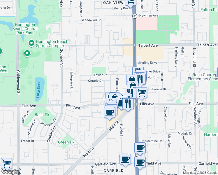 map of restaurants, bars, coffee shops, grocery stores, and more near 18361 Delaware Street in Huntington Beach