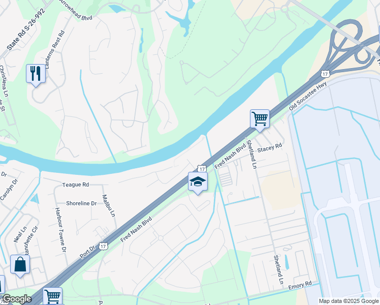 map of restaurants, bars, coffee shops, grocery stores, and more near 257 Venice Way in Myrtle Beach