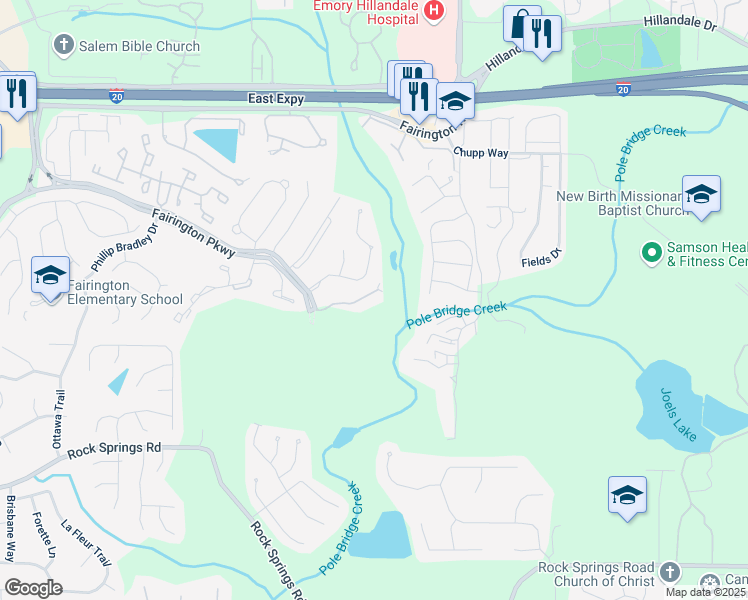 map of restaurants, bars, coffee shops, grocery stores, and more near 6101 Fairington Club Drive in Stonecrest