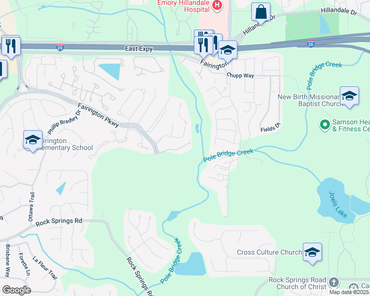 map of restaurants, bars, coffee shops, grocery stores, and more near 4301 Fairington Club Drive in Stonecrest