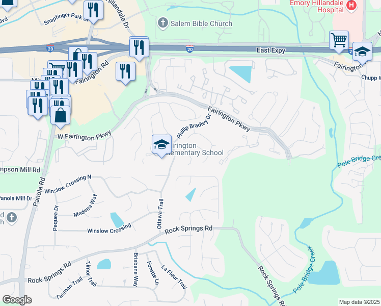 map of restaurants, bars, coffee shops, grocery stores, and more near 5574 Fair Creek Way in Stonecrest