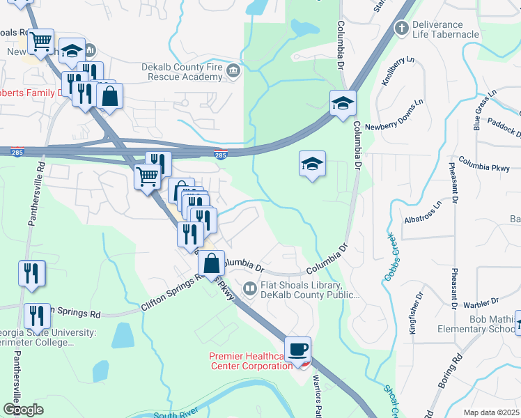 map of restaurants, bars, coffee shops, grocery stores, and more near 2858 Vining Ridge Terrace in Decatur