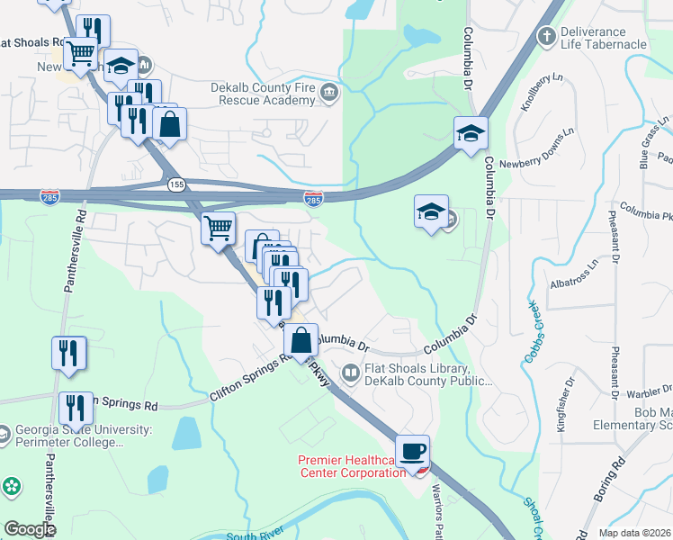 map of restaurants, bars, coffee shops, grocery stores, and more near 2814 Vining Ridge Terrace in Decatur