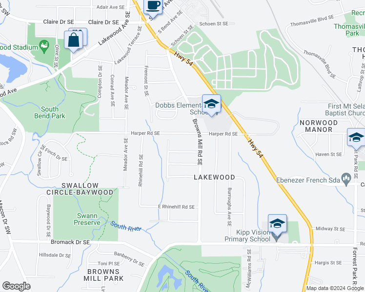 map of restaurants, bars, coffee shops, grocery stores, and more near 434 Thaxton Drive Southeast in Atlanta