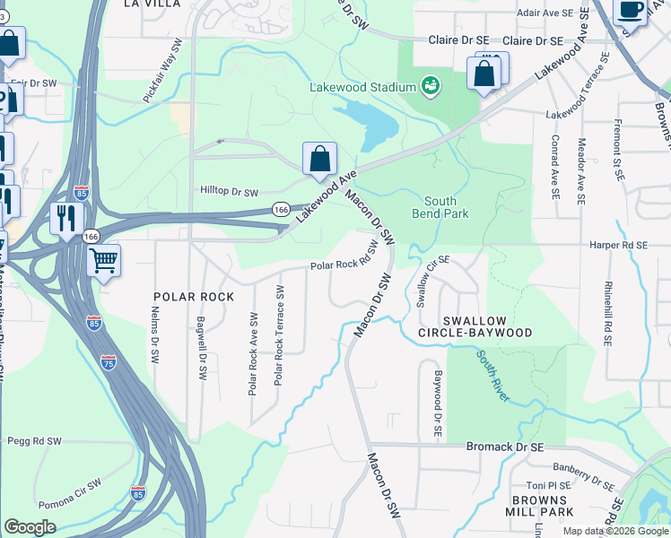 map of restaurants, bars, coffee shops, grocery stores, and more near 86 Polar Rock Road Southwest in Atlanta