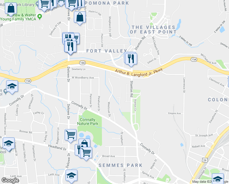 map of restaurants, bars, coffee shops, grocery stores, and more near 2162 Westover Drive in East Point