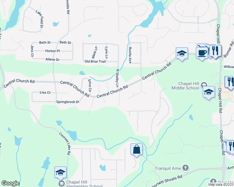 map of restaurants, bars, coffee shops, grocery stores, and more near 4729 Central Church Road in Douglasville