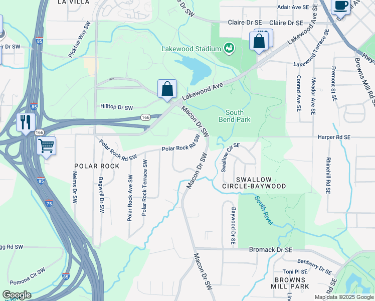 map of restaurants, bars, coffee shops, grocery stores, and more near 86 Polar Rock Road Southwest in Atlanta