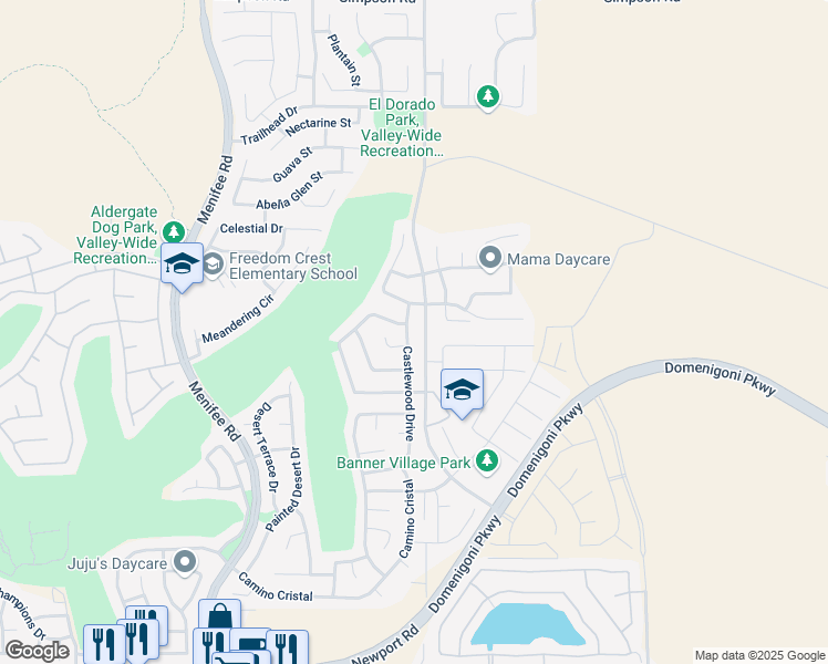 map of restaurants, bars, coffee shops, grocery stores, and more near 29242 Castlewood Drive in Menifee