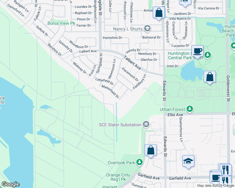 map of restaurants, bars, coffee shops, grocery stores, and more near 6121 Manorfield Drive in Huntington Beach