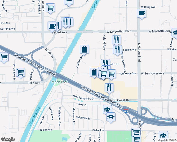 map of restaurants, bars, coffee shops, grocery stores, and more near 1670 Sunflower Avenue in Costa Mesa