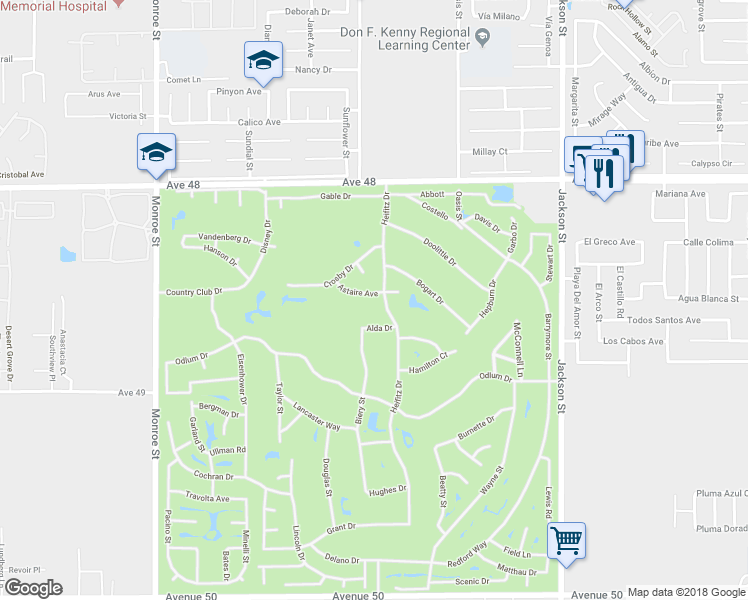 map of restaurants, bars, coffee shops, grocery stores, and more near 82425 Astaire Circle in Indio
