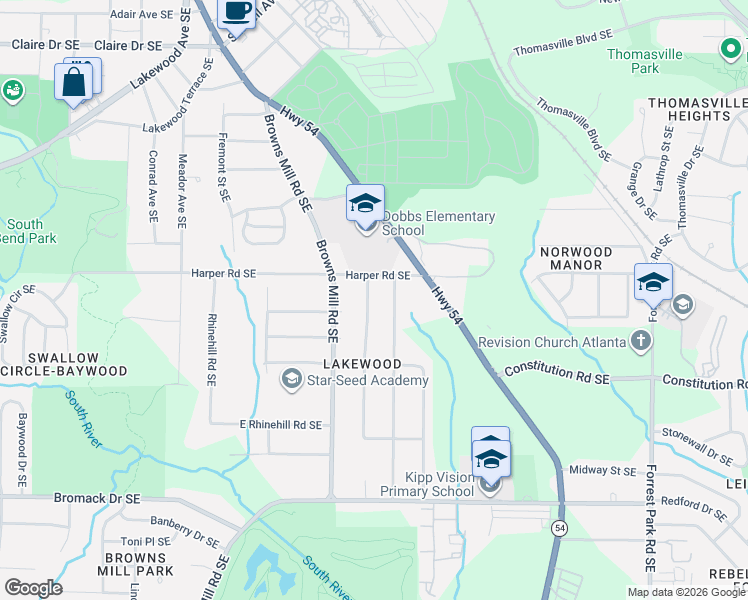 map of restaurants, bars, coffee shops, grocery stores, and more near 2130 Jernigan Drive Southeast in Atlanta