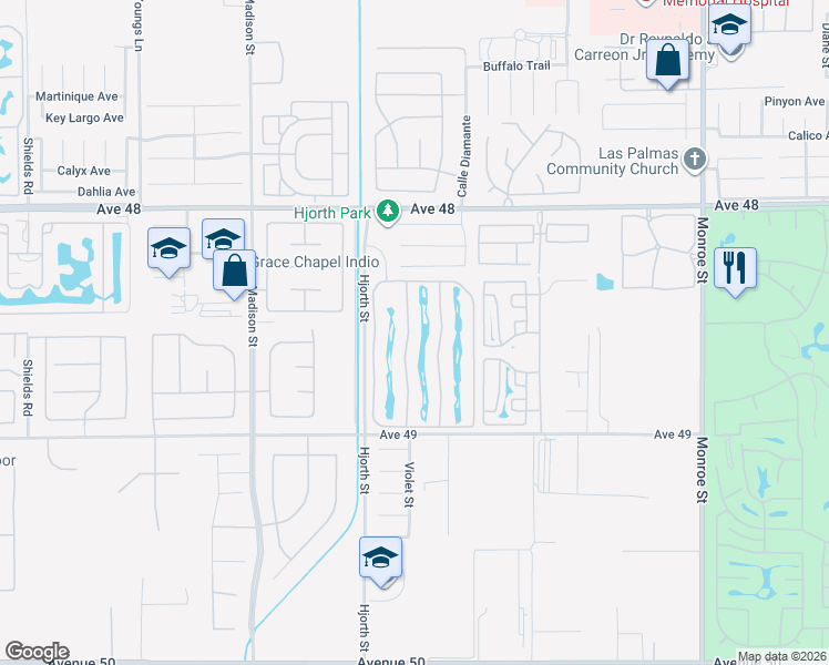 map of restaurants, bars, coffee shops, grocery stores, and more near 48170 Hjorth Street in Indio