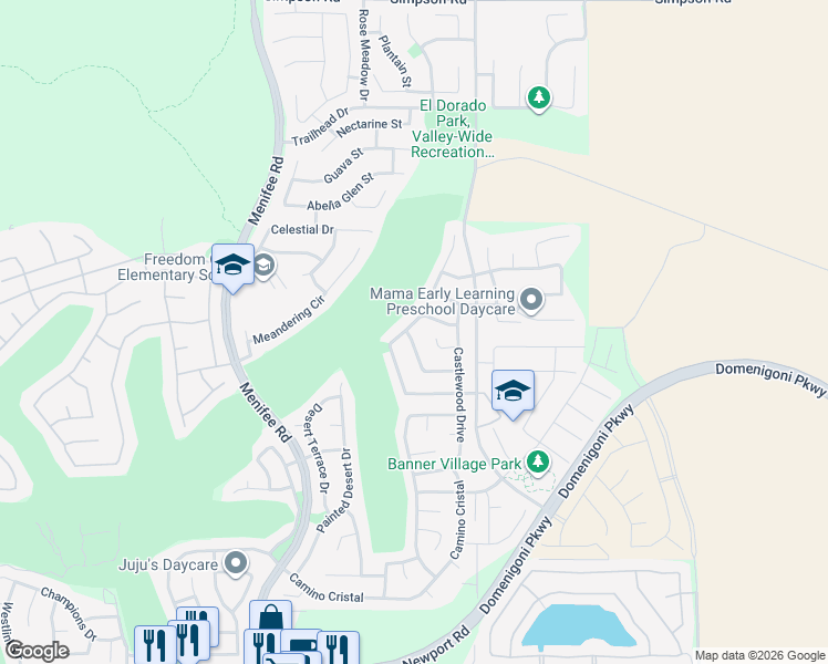 map of restaurants, bars, coffee shops, grocery stores, and more near 29252 El Presidio Lane in Menifee