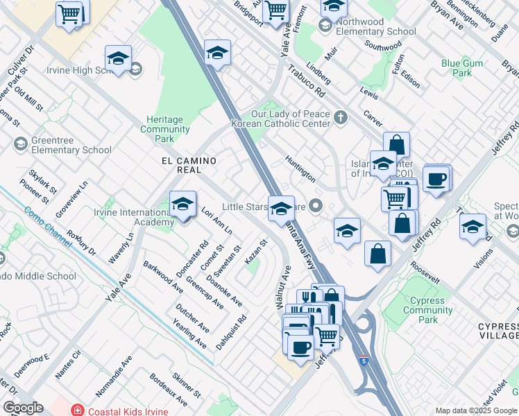 map of restaurants, bars, coffee shops, grocery stores, and more near 9 Albany in Irvine