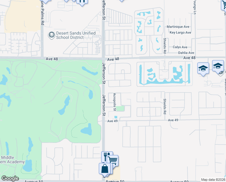 map of restaurants, bars, coffee shops, grocery stores, and more near 80052 Barcelona Avenue in Indio