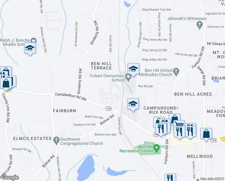 map of restaurants, bars, coffee shops, grocery stores, and more near 2120 Southwood Boulevard Southwest in Atlanta