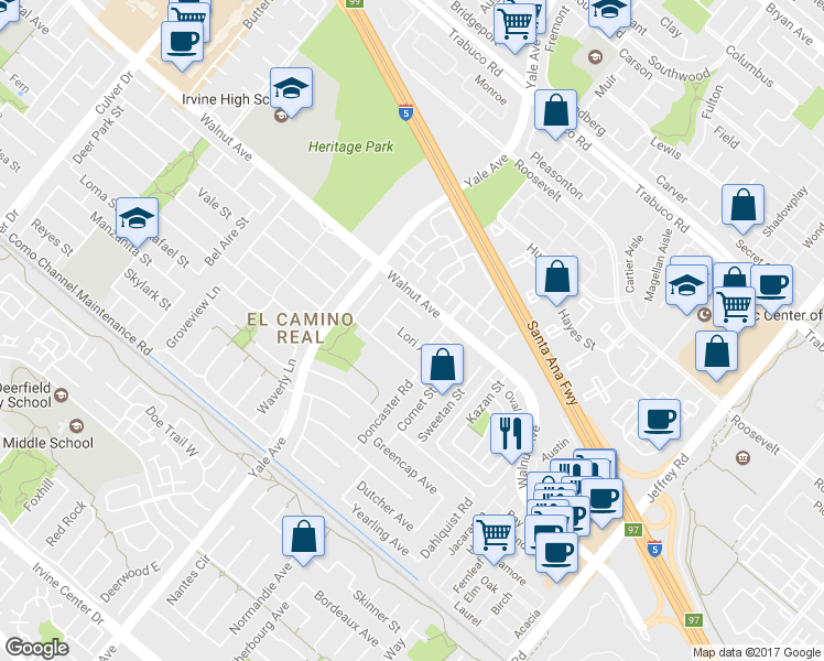 map of restaurants, bars, coffee shops, grocery stores, and more near 4851 Lori Ann Lane in Irvine