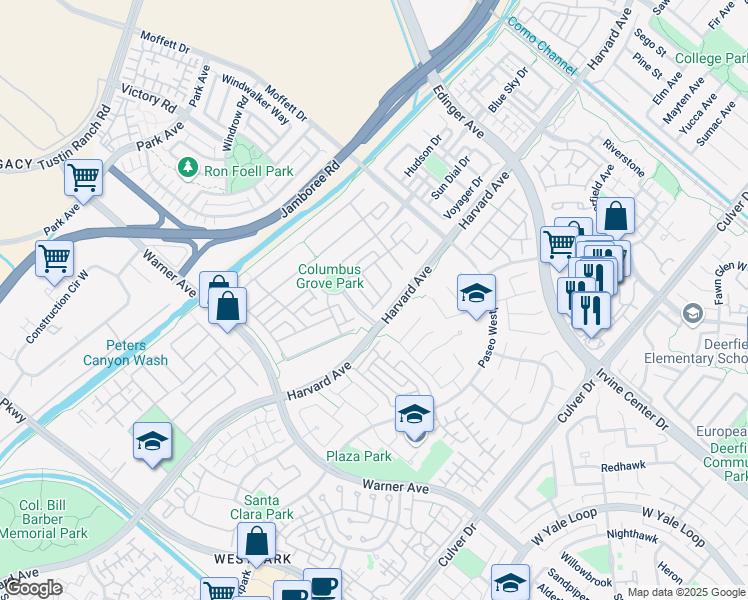 map of restaurants, bars, coffee shops, grocery stores, and more near 3323 Crescent Way in Tustin