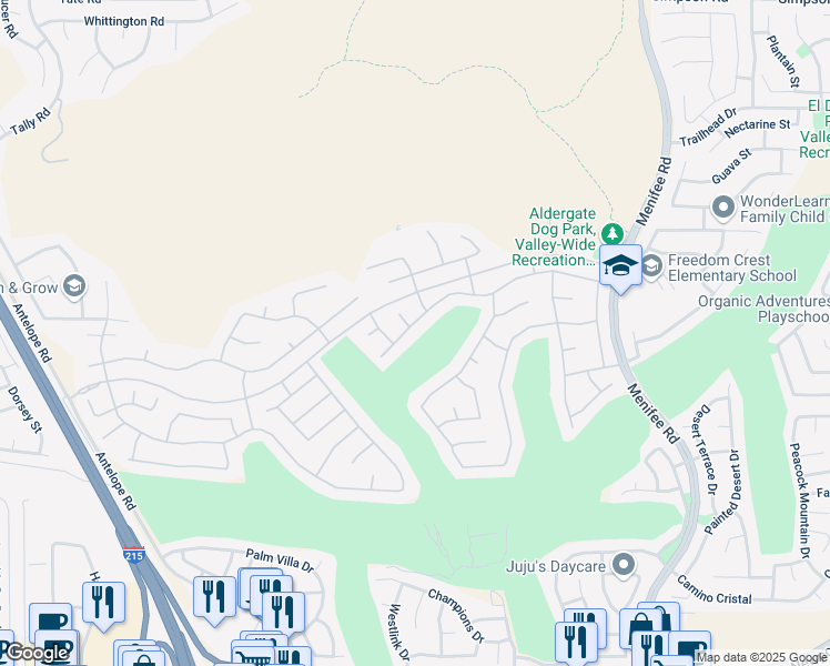map of restaurants, bars, coffee shops, grocery stores, and more near 28485 Raintree Drive in Menifee