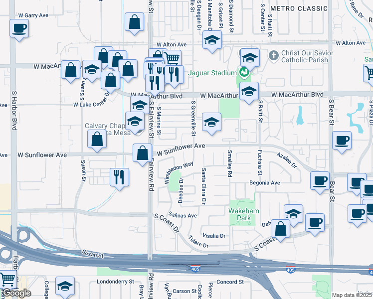 map of restaurants, bars, coffee shops, grocery stores, and more near 3498 Queens Court in Costa Mesa