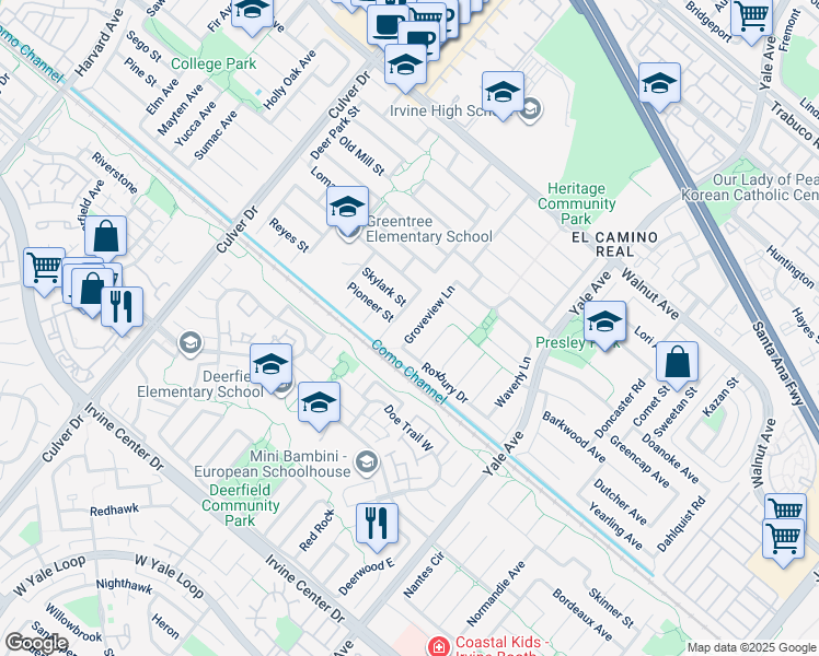 map of restaurants, bars, coffee shops, grocery stores, and more near 14911 Groveview Lane in Irvine