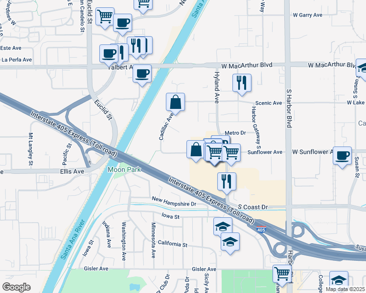 map of restaurants, bars, coffee shops, grocery stores, and more near 1670 Sunflower Avenue in Costa Mesa