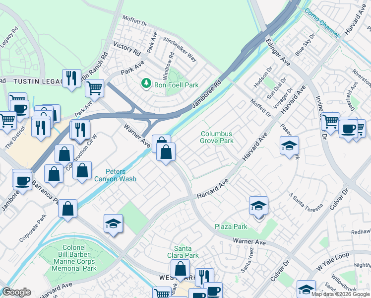 map of restaurants, bars, coffee shops, grocery stores, and more near 15512 Cardamon Way in Tustin