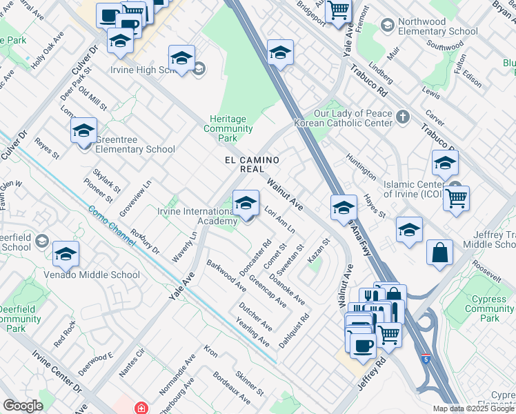 map of restaurants, bars, coffee shops, grocery stores, and more near 4812 Lori Ann Lane in Irvine
