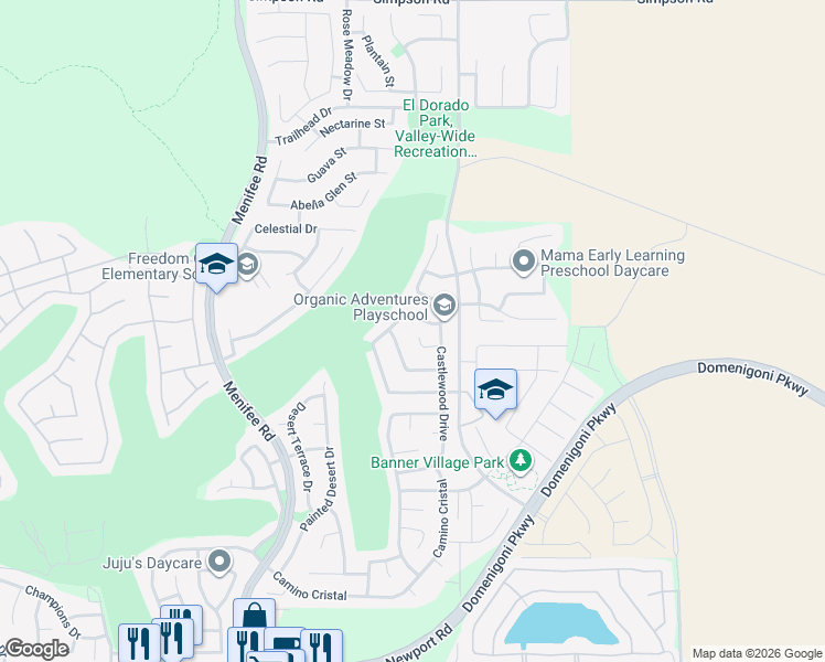 map of restaurants, bars, coffee shops, grocery stores, and more near 29387 Piazza Court in Menifee