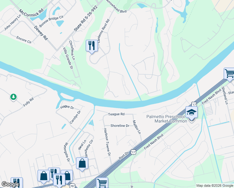 map of restaurants, bars, coffee shops, grocery stores, and more near 1530 Lanterns Rest Road in Myrtle Beach