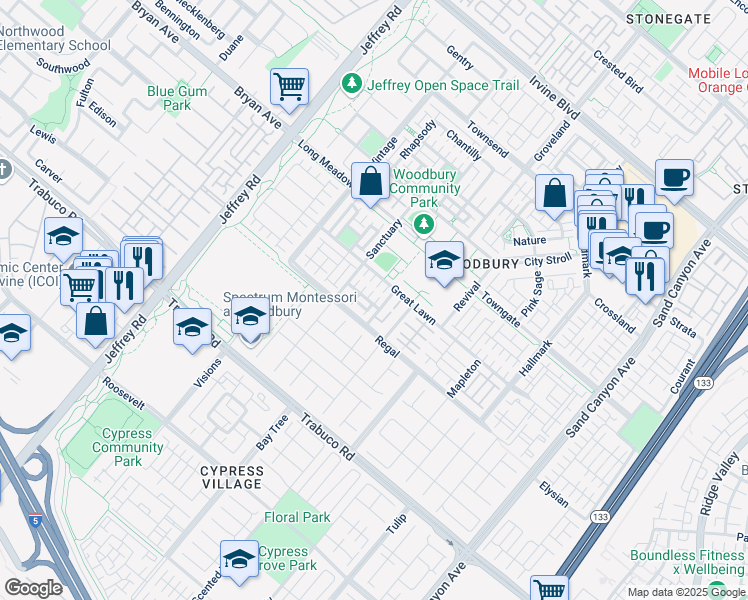 map of restaurants, bars, coffee shops, grocery stores, and more near 127 Alhambra in Irvine