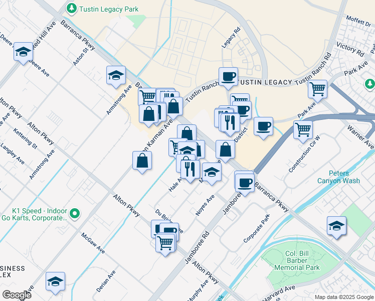 map of restaurants, bars, coffee shops, grocery stores, and more near 16601 Hale Avenue in Irvine