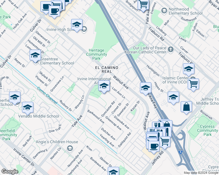 map of restaurants, bars, coffee shops, grocery stores, and more near 4812 Lori Ann Lane in Irvine