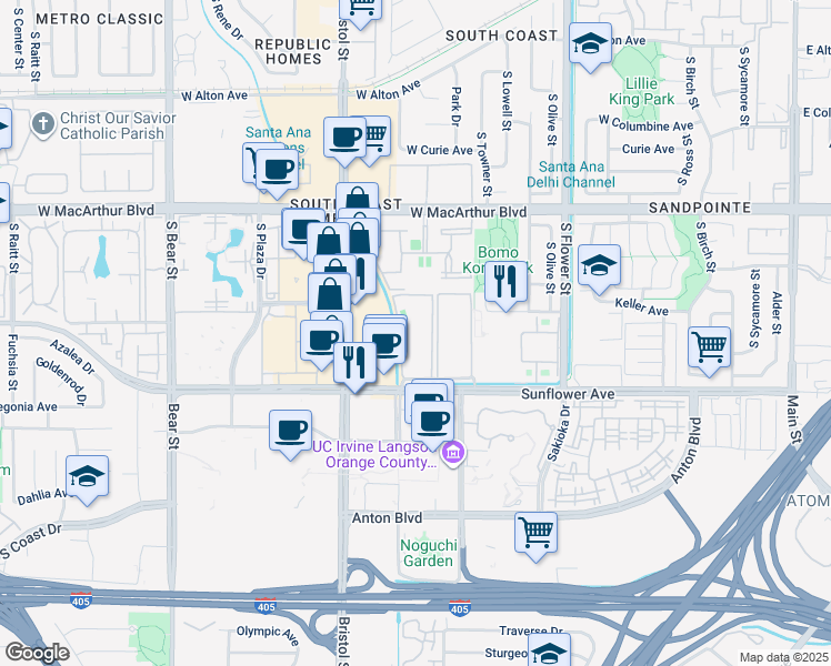 map of restaurants, bars, coffee shops, grocery stores, and more near 1001 West Stevens Avenue in Santa Ana