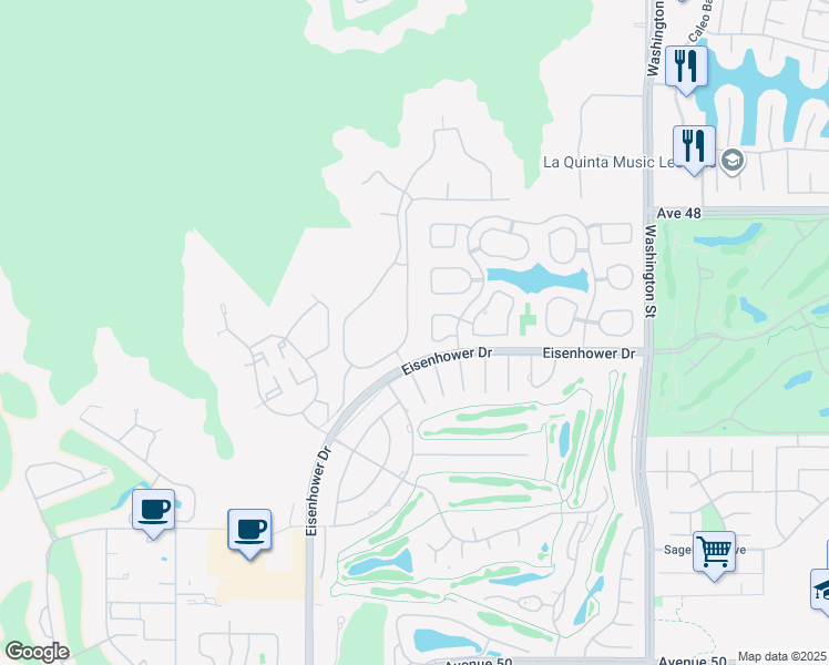 map of restaurants, bars, coffee shops, grocery stores, and more near 48476 Bighorn Drive in La Quinta