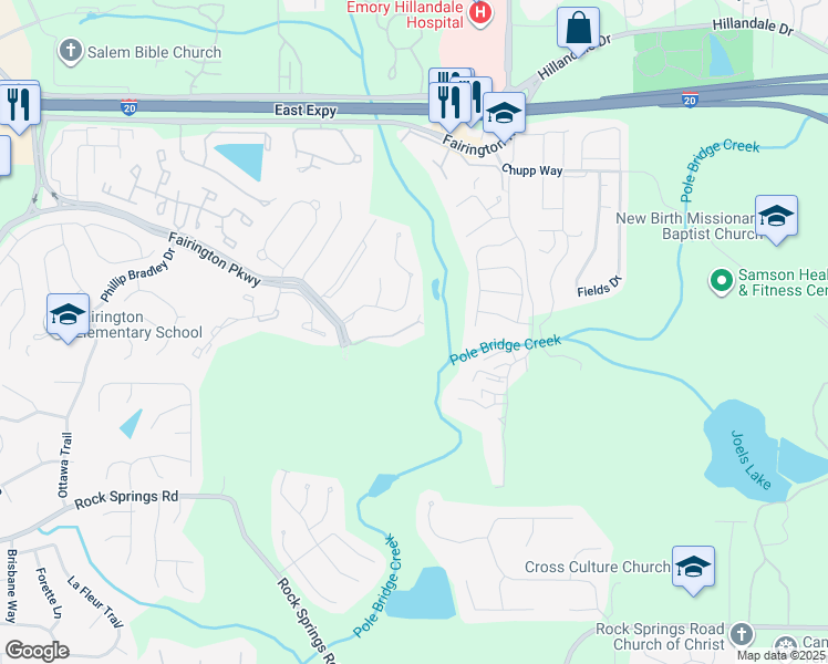 map of restaurants, bars, coffee shops, grocery stores, and more near 6101 Fairington Club Drive in Stonecrest