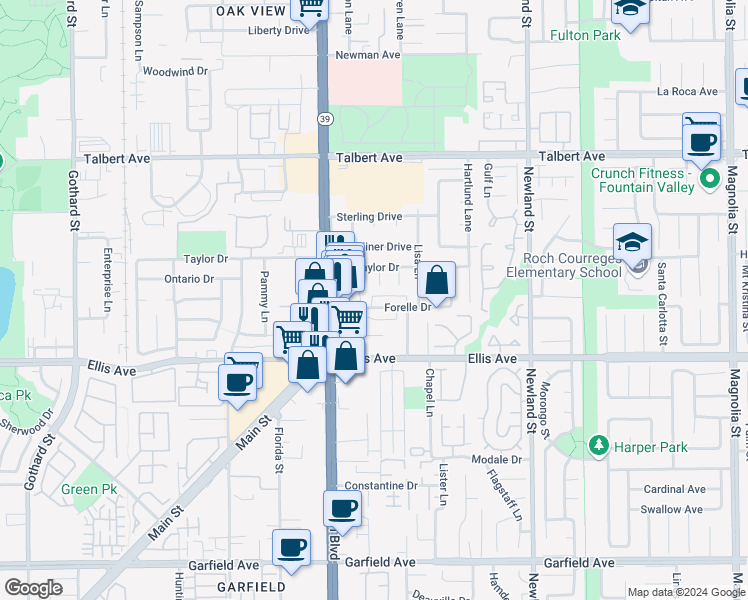 map of restaurants, bars, coffee shops, grocery stores, and more near 8091 Forelle Drive in Huntington Beach