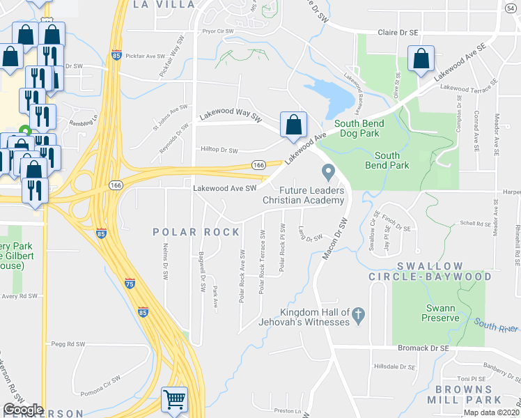 map of restaurants, bars, coffee shops, grocery stores, and more near 191 Polar Rock Road Southwest in Atlanta