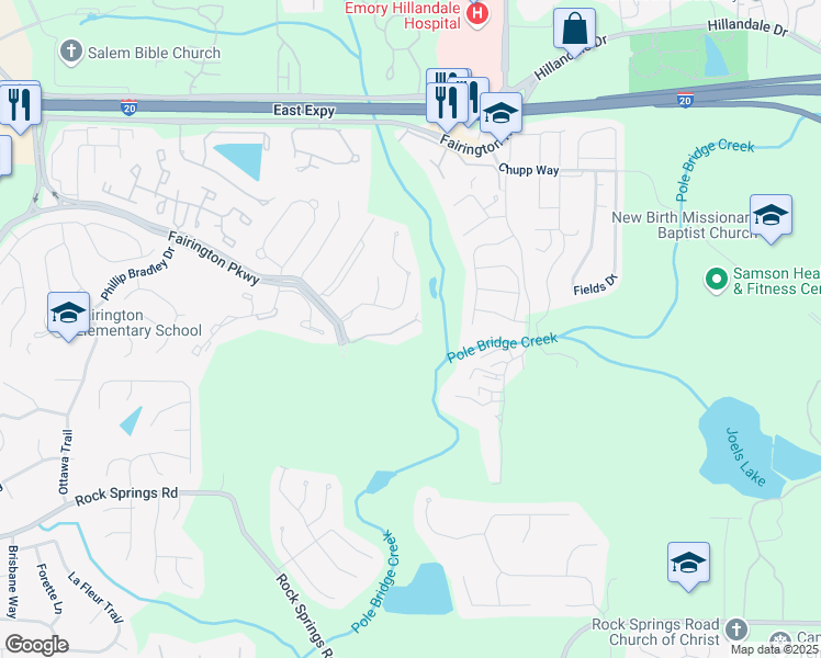 map of restaurants, bars, coffee shops, grocery stores, and more near 5304 Fairington Club Drive in Stonecrest