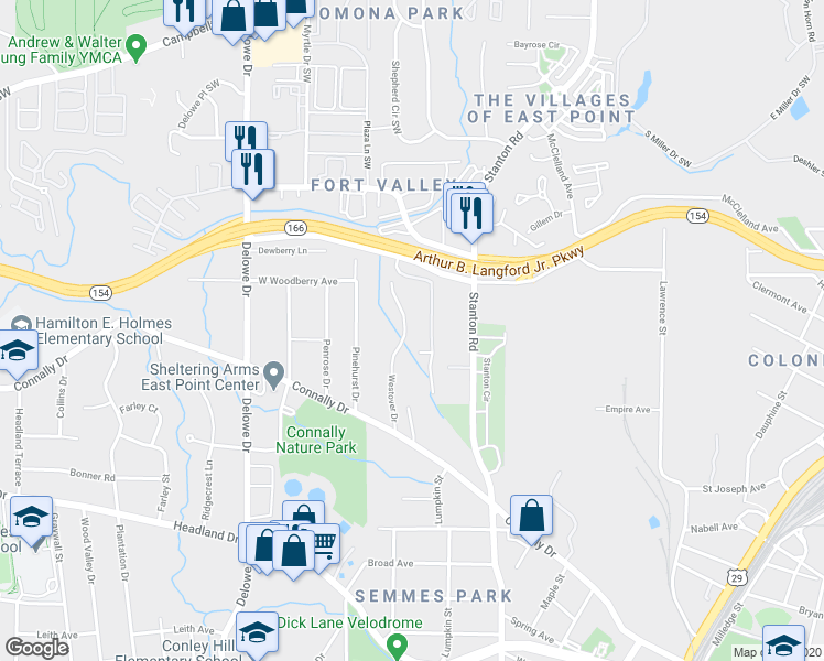 map of restaurants, bars, coffee shops, grocery stores, and more near 2162 Westover Drive in East Point