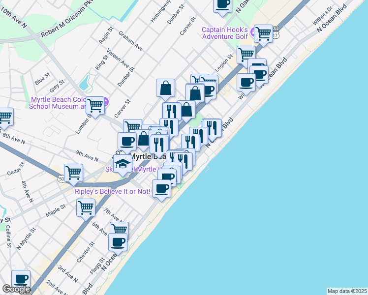 map of restaurants, bars, coffee shops, grocery stores, and more near 1300 Chester Street in Myrtle Beach